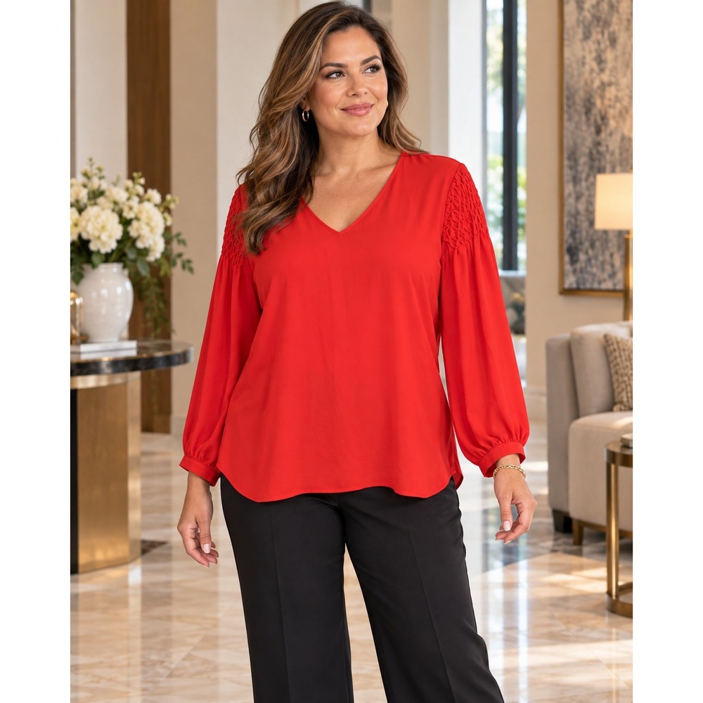 Talbots Blouse Womens Size XL Red V-Neck Smocked Shoulder Long Bishop Sleeve